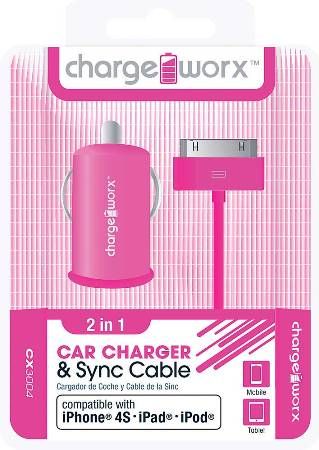 Chargeworx CX3004PK USB Car Charger & Sync Cable, Pink; Fits with iPhone 4/4S, iPad and iPod; Charge & Sync cable; USB car charger; 1 USB port; Total Output 5V - 1.0Amp; 3.3ft/1m cord length; UPC 643620001738 (CX-3004PK CX 3004PK CX3004P CX3004)