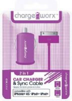 Chargeworx CX3004VT USB Car Charger & Sync Cable, Purple; Fits with iPhone 4/4S, iPad and iPod; Charge & Sync cable; USB car charger; 1 USB port; Total Output 5V - 1.0Amp; 3.3ft/1m cord length; UPC 643620001721 (CX-3004VT CX 3004VT CX3004V CX3004) 
