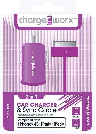 Chargeworx CX3004VT USB Car Charger & Sync Cable, Purple; Fits with iPhone 4/4S, iPad and iPod; Charge & Sync cable; USB car charger; 1 USB port; Total Output 5V - 1.0Amp; 3.3ft/1m cord length; UPC 643620001721 (CX-3004VT CX 3004VT CX3004V CX3004)