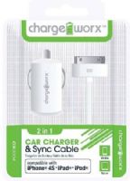 Chargeworx CX3004WH USB Car Charger & Sync Cable, White; Fits with iPhone 4/4S, iPad and iPod; Charge & Sync cable; USB car charger; 1 USB port; Total Output 5V - 1.0Amp; 3.3ft/1m cord length; UPC 643620001714 (CX-3004WH CX 3004WH CX3004W CX3004) 