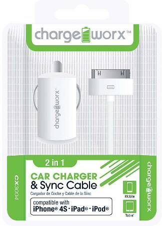 Chargeworx CX3004WH USB Car Charger & Sync Cable, White; Fits with iPhone 4/4S, iPad and iPod; Charge & Sync cable; USB car charger; 1 USB port; Total Output 5V - 1.0Amp; 3.3ft/1m cord length; UPC 643620001714 (CX-3004WH CX 3004WH CX3004W CX3004)