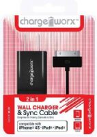 Chargeworx CX3005BK USB Wall Charger & Sync Cable, Black; Compatible with iPhone 4/4S, iPad nd iPod; Charge & Sync cable; USB wall charger; 1 USB port; 3.3ft / 1m cord length; Total Output 5V - 1.0Amp; UPC 643620001769 (CX-3005BK CX 3005BK CX3005B CX3005) 