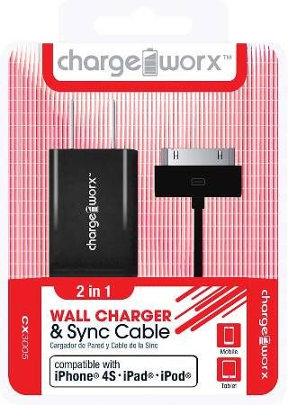 Chargeworx CX3005BK USB Wall Charger & Sync Cable, Black; Compatible with iPhone 4/4S, iPad nd iPod; Charge & Sync cable; USB wall charger; 1 USB port; 3.3ft / 1m cord length; Total Output 5V - 1.0Amp; UPC 643620001769 (CX-3005BK CX 3005BK CX3005B CX3005)