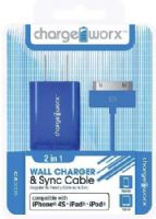 Chargeworx CX3005BL USB Wall Charger & Sync Cable, Blue; Compatible with iPhone 4/4S, iPad nd iPod; Charge & Sync cable; USB wall charger; 1 USB port; 3.3ft / 1m cord length; Total Output 5V - 1.0Amp; UPC 643620001806 (CX-3005BL CX 3005BL CX3005B CX3005) 