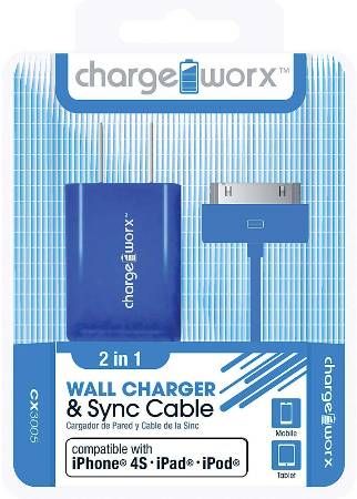 Chargeworx CX3005BL USB Wall Charger & Sync Cable, Blue; Compatible with iPhone 4/4S, iPad nd iPod; Charge & Sync cable; USB wall charger; 1 USB port; 3.3ft / 1m cord length; Total Output 5V - 1.0Amp; UPC 643620001806 (CX-3005BL CX 3005BL CX3005B CX3005)