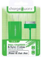 Chargeworx CX3005GN USB Wall Charger & Sync Cable, Green; Compatible with iPhone 4/4S, iPad nd iPod; Charge & Sync cable; USB wall charger; 1 USB port; 3.3ft / 1m cord length; Total Output 5V - 1.0Amp; UPC 643620001813 (CX-3005GN CX 3005GN CX3005G CX3005) 