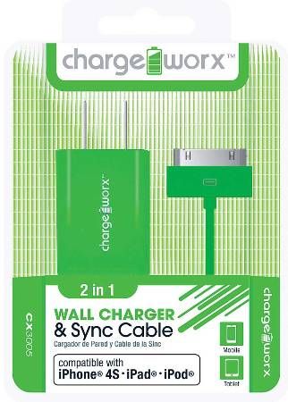 Chargeworx CX3005GN USB Wall Charger & Sync Cable, Green; Compatible with iPhone 4/4S, iPad nd iPod; Charge & Sync cable; USB wall charger; 1 USB port; 3.3ft / 1m cord length; Total Output 5V - 1.0Amp; UPC 643620001813 (CX-3005GN CX 3005GN CX3005G CX3005)