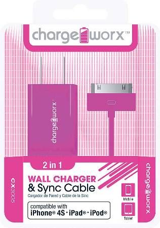 Chargeworx CX3005PK USB Wall Charger & Sync Cable, Pink; Compatible with iPhone 4/4S, iPad nd iPod; Charge & Sync cable; USB wall charger; 1 USB port; 3.3ft / 1m cord length; Total Output 5V - 1.0Amp; UPC 643620001790 (CX-3005PK CX 3005PK CX3005P CX3005)