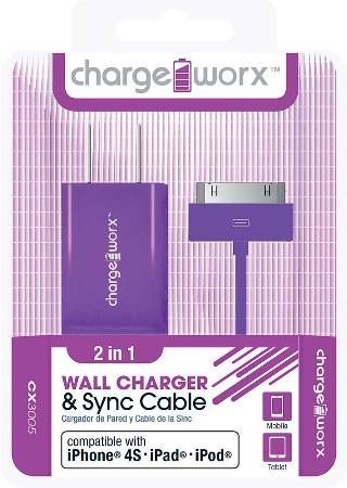 Chargeworx CX3005VT USB Wall Charger & Sync Cable, Purple; Compatible with iPhone 4/4S, iPad nd iPod; Charge & Sync cable; USB wall charger; 1 USB port; 3.3ft / 1m cord length; Total Output 5V - 1.0Amp; UPC 643620001783 (CX-3005VT CX 3005VT CX3005V CX3005)