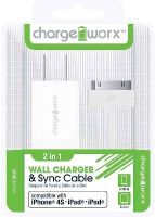 Chargeworx CX3005WH USB Wall Charger & Sync Cable, White; Compatible with iPhone 4/4S, iPad nd iPod; Charge & Sync cable; USB wall charger; 1 USB port; 3.3ft / 1m cord length; Total Output 5V - 1.0Amp; UPC 643620001776 (CX-3005WH CX 3005WH CX3005W CX3005) 