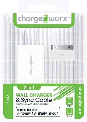 Chargeworx CX3005WH USB Wall Charger & Sync Cable, White; Compatible with iPhone 4/4S, iPad nd iPod; Charge & Sync cable; USB wall charger; 1 USB port; 3.3ft / 1m cord length; Total Output 5V - 1.0Amp; UPC 643620001776 (CX-3005WH CX 3005WH CX3005W CX3005)