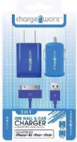 Chargeworx CX3006BL Wall & Car Charger with Sync Cable, Blue; Fits with iPhone 4/4S, iPad and iPod; Stylish, durable, innovative design; USB wall charger (110/240V); USB car charger (12/24V); 1 USB port each; Includes 1 sync & charge cable; UPC 643620001868 (CX-3006BL CX 3006BL CX3006B CX3006) 