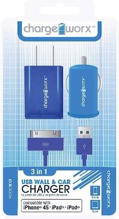 Chargeworx CX3006BL Wall & Car Charger with Sync Cable, Blue; Fits with iPhone 4/4S, iPad and iPod; Stylish, durable, innovative design; USB wall charger (110/240V); USB car charger (12/24V); 1 USB port each; Includes 1 sync & charge cable; UPC 643620001868 (CX-3006BL CX 3006BL CX3006B CX3006)