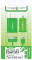 Chargeworx CX3006GN Wall & Car Charger with Sync Cable, Green; Fits with iPhone 4/4S, iPad and iPod; Stylish, durable, innovative design; USB wall charger (110/240V); USB car charger (12/24V); 1 USB port each; Includes 1 sync & charge cable; UPC 643620001875 (CX-3006GN CX 3006GN CX3006G CX3006) 