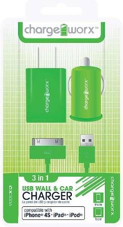 Chargeworx CX3006GN Wall & Car Charger with Sync Cable, Green; Fits with iPhone 4/4S, iPad and iPod; Stylish, durable, innovative design; USB wall charger (110/240V); USB car charger (12/24V); 1 USB port each; Includes 1 sync & charge cable; UPC 643620001875 (CX-3006GN CX 3006GN CX3006G CX3006)