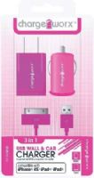 Chargeworx CX3006PK Wall & Car Charger with Sync Cable, Pink; Fits with iPhone 4/4S, iPad and iPod; Stylish, durable, innovative design; USB wall charger (110/240V); USB car charger (12/24V); 1 USB port each; Includes 1 sync & charge cable; UPC 643620001851 (CX-3006PK CX 3006PK CX3006P CX3006) 
