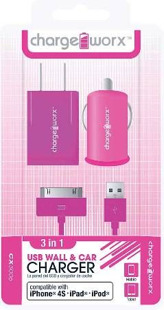Chargeworx CX3006PK Wall & Car Charger with Sync Cable, Pink; Fits with iPhone 4/4S, iPad and iPod; Stylish, durable, innovative design; USB wall charger (110/240V); USB car charger (12/24V); 1 USB port each; Includes 1 sync & charge cable; UPC 643620001851 (CX-3006PK CX 3006PK CX3006P CX3006)