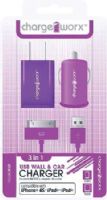 Chargeworx CX3006VT Wall & Car Charger with Sync Cable, Purple; Fits with iPhone 4/4S, iPad and iPod; Stylish, durable, innovative design; USB wall charger (110/240V); USB car charger (12/24V); 1 USB port each; Includes 1 sync & charge cable; UPC 643620001844 (CX-3006VT CX 3006VT CX3006V CX3006) 
