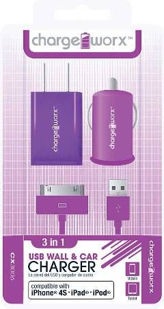 Chargeworx CX3006VT Wall & Car Charger with Sync Cable, Purple; Fits with iPhone 4/4S, iPad and iPod; Stylish, durable, innovative design; USB wall charger (110/240V); USB car charger (12/24V); 1 USB port each; Includes 1 sync & charge cable; UPC 643620001844 (CX-3006VT CX 3006VT CX3006V CX3006)