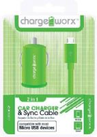 Chargeworx CX3007GN USB Car Charger & Micro-USB Sync Cable, Green; Compatible with most Micro USB devices; Stylish, durable, innovative design; Charge & Sync cable; USB car charger; 1 USB port; Total Output 5V - 1.0Amp; 3.3ft / 1m cord length; UPC 643620001936 (CX-3007GN CX 3007GN CX3007G CX3007) 