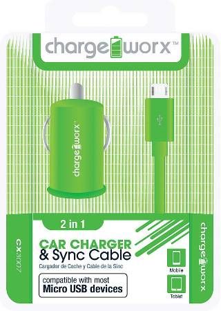 Chargeworx CX3007GN USB Car Charger & Micro-USB Sync Cable, Green; Compatible with most Micro USB devices; Stylish, durable, innovative design; Charge & Sync cable; USB car charger; 1 USB port; Total Output 5V - 1.0Amp; 3.3ft / 1m cord length; UPC 643620001936 (CX-3007GN CX 3007GN CX3007G CX3007)