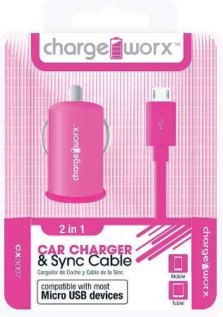 Chargeworx CX3007PK USB Car Charger & Micro-USB Sync Cable, Pink; Compatible with most Micro USB devices; Stylish, durable, innovative design; Charge & Sync cable; USB car charger; 1 USB port; Total Output 5V - 1.0Amp; 3.3ft / 1m cord length; UPC 643620001912 (CX-3007PK CX 3007PK CX3007P CX3007)