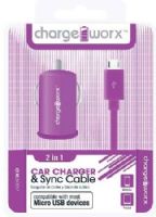 Chargeworx CX3007VT USB Car Charger & Micro-USB Sync Cable, Purple; Compatible with most Micro USB devices; Stylish, durable, innovative design; Charge & Sync cable; USB car charger; 1 USB port; Total Output 5V - 1.0Amp; 3.3ft / 1m cord length; UPC 643620001905 (CX-3007VT CX 3007VT CX3007V CX3007) 