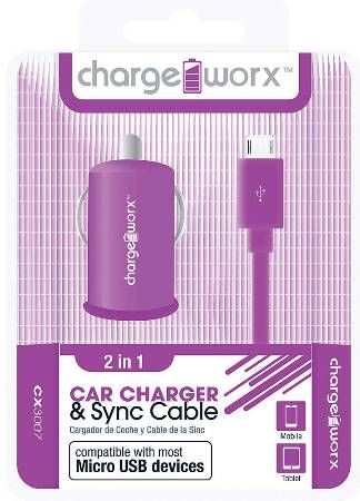 Chargeworx CX3007VT USB Car Charger & Micro-USB Sync Cable, Purple; Compatible with most Micro USB devices; Stylish, durable, innovative design; Charge & Sync cable; USB car charger; 1 USB port; Total Output 5V - 1.0Amp; 3.3ft / 1m cord length; UPC 643620001905 (CX-3007VT CX 3007VT CX3007V CX3007)