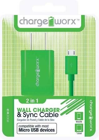 Chargeworx CX3008GN USB Wall Charger & Micro-USB Sync Cable, Green, Fits with most Micro USB devices, Charge & Sync cable, USB wall charger, 1 USB port, 3.3ft / 1m cord length, Total Output 5V - 1.0Amp, UPC 643620001998 (CX-3008GN CX 3008GN CX3008G CX3008)