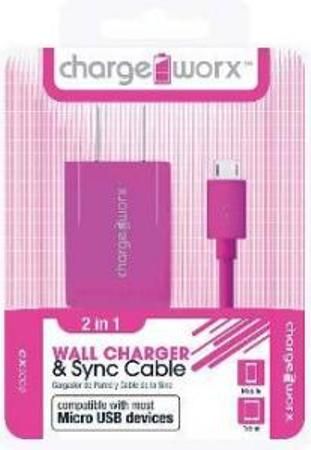 Chargeworx CX3008PK USB Wall Charger & Micro-USB Sync Cable, Pink, Fits with most Micro USB devices, Charge & Sync cable, USB wall charger, 1 USB port, 3.3ft / 1m cord length, Total Output 5V - 1.0Amp, UPC 643620001974 (CX-3008PK CX 3008PK CX3008P CX3008)