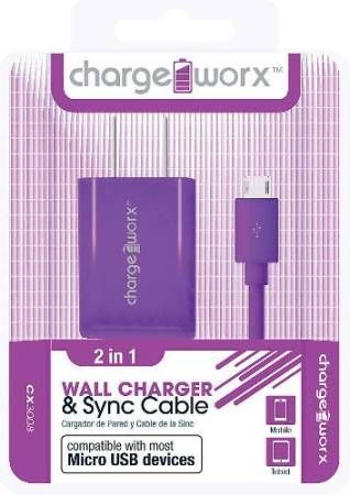 Chargeworx CX3008VT USB Wall Charger & Micro-USB Sync Cable, Purple, Fits with most Micro USB devices, Charge & Sync cable, USB wall charger, 1 USB port, 3.3ft / 1m cord length, Total Output 5V - 1.0Amp, UPC 643620001967 (CX-3008VT CX 3008VT CX3008V CX3008)