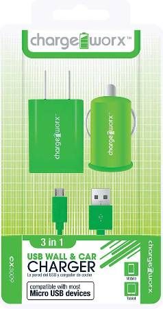 Chargeworx CX3009GN Wall & Car Charger with Micro-USB Sync Cable, Green; Fits with most Micro USB devices; Stylish, durable, innovative design; USB wall charger (110/240V); USB car charger (12/24V); 1 USB port each; Includes 1 sync & charge cable; UPC 643620002056 (CX-3009GN CX 3009GN CX3009G CX3009)