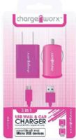 Chargeworx CX3009PK Wall & Car Charger with Micro-USB Sync Cable, Pink; Fits with most Micro USB devices; Stylish, durable, innovative design; USB wall charger (110/240V); USB car charger (12/24V); 1 USB port each; Includes 1 sync & charge cable; UPC 643620002032 (CX-3009PK CX 3009PK CX3009P CX3009) 