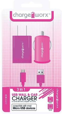 Chargeworx CX3009PK Wall & Car Charger with Micro-USB Sync Cable, Pink; Fits with most Micro USB devices; Stylish, durable, innovative design; USB wall charger (110/240V); USB car charger (12/24V); 1 USB port each; Includes 1 sync & charge cable; UPC 643620002032 (CX-3009PK CX 3009PK CX3009P CX3009)