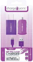 Chargeworx CX3009VT Wall & Car Charger with Micro-USB Sync Cable, Purple; Fits with most Micro USB devices; Stylish, durable, innovative design; USB wall charger (110/240V); USB car charger (12/24V); 1 USB port each; Includes 1 sync & charge cable; UPC 643620002025 (CX-3009VT CX 3009VT CX3009V CX3009) 