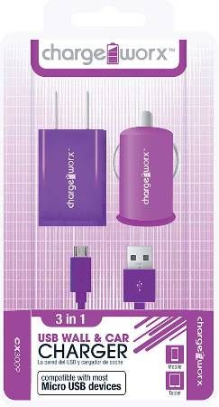 Chargeworx CX3009VT Wall & Car Charger with Micro-USB Sync Cable, Purple; Fits with most Micro USB devices; Stylish, durable, innovative design; USB wall charger (110/240V); USB car charger (12/24V); 1 USB port each; Includes 1 sync & charge cable; UPC 643620002025 (CX-3009VT CX 3009VT CX3009V CX3009)