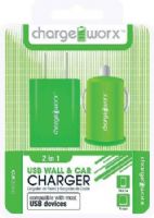 Chargeworx CX3010GN Wall & Car USB Charger, Green; Compatible with most USB devices; Stylish, durable, innovative design; USB wall charger (110/240V); USB car charger (12/24V); 1 USB port each; UPC 643620002117 (CX-3010GN CX 3010GN CX3010G CX3010) 