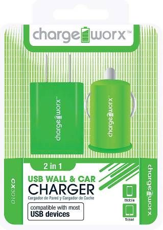Chargeworx CX3010GN Wall & Car USB Charger, Green; Compatible with most USB devices; Stylish, durable, innovative design; USB wall charger (110/240V); USB car charger (12/24V); 1 USB port each; UPC 643620002117 (CX-3010GN CX 3010GN CX3010G CX3010)