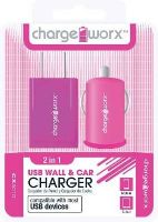 Chargeworx CX3010PK Wall & Car USB Charger, Pink; Compatible with most USB devices; Stylish, durable, innovative design; USB wall charger (110/240V); USB car charger (12/24V); 1 USB port each; UPC 643620002094 (CX-3010PK CX 3010PK CX3010P CX3010) 