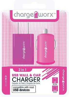 Chargeworx CX3010PK Wall & Car USB Charger, Pink; Compatible with most USB devices; Stylish, durable, innovative design; USB wall charger (110/240V); USB car charger (12/24V); 1 USB port each; UPC 643620002094 (CX-3010PK CX 3010PK CX3010P CX3010)
