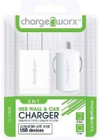 Chargeworx CX3010WH Wall & Car USB Charger, White; Compatible with most USB devices; Stylish, durable, innovative design; USB wall charger (110/240V); USB car charger (12/24V); 1 USB port each; UPC 643620002070 (CX-3010WH CX 3010WH CX3010W CX3010) 