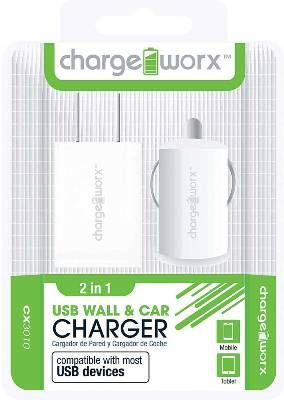 Chargeworx CX3010WH Wall & Car USB Charger, White; Compatible with most USB devices; Stylish, durable, innovative design; USB wall charger (110/240V); USB car charger (12/24V); 1 USB port each; UPC 643620002070 (CX-3010WH CX 3010WH CX3010W CX3010)