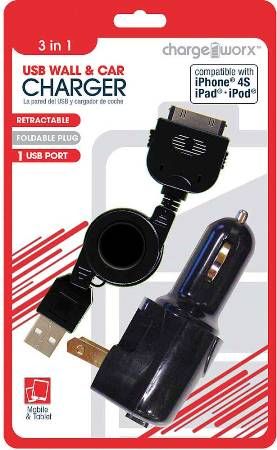 Chargeworx CX3016BK USB Wall/Car/USB Charger & Retractable 30-Pin Cable, Black; Fits with iPhone 4/4S, iPad and iPod; Connects to any car cigarette lighter; Foldable wall plug; LED indicator when plugged in; Portable and lightweight for traveling; Total power output 5V - 1.0A; Retractable charge & sync cable; UPC 643620002612 (CX-3016BK CX 3016BK CX3016B CX3016)