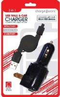 Chargeworx CX3017BK USB Wall/Car/USB Charger & Retractable Micro-USB Cable, Black, Fits with most micro USB & USB powered devices, Connects to any car cigarette lighter, Foldable wall plug, LED indicator when plugged in, Portable and lightweight for traveling, Total power output 5V - 1.0A, Retractable charge & sync cable, UPC 643620002629 (CX-3017BK CX 3017BK CX3017B CX3017) 