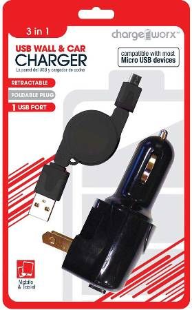 Chargeworx CX3017BK USB Wall/Car/USB Charger & Retractable Micro-USB Cable, Black, Fits with most micro USB & USB powered devices, Connects to any car cigarette lighter, Foldable wall plug, LED indicator when plugged in, Portable and lightweight for traveling, Total power output 5V - 1.0A, Retractable charge & sync cable, UPC 643620002629 (CX-3017BK CX 3017BK CX3017B CX3017)