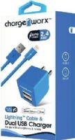 Chargeworx CX3035BL Lightning Sync Cable & 2.4A Dual USB Wall Chargers, Blue; For iPhone 5/5S/5C, 6/6 Plus and iPod; Charge & sync cable; 3.3ft / 1m cord length; USB wall charger (110/240V); 2 USB ports; Foldable Plug; Total Output 5V - 2.4Amp; UPC 643620303528 (CX-3035BL CX 3035BL CX3035B CX3035) 
