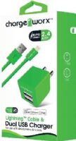 Chargeworx CX3035GN Lightning Sync Cable & 2.4A Dual USB Wall Chargers, Green; For iPhone 5/5S/5C, 6/6 Plus and iPod; Charge & sync cable; 3.3ft / 1m cord length; USB wall charger (110/240V); 2 USB ports; Foldable Plug; Total Output 5V - 2.4Amp; UPC 643620303535 (CX-3035GN CX 3035GN CX3035G CX3035) 
