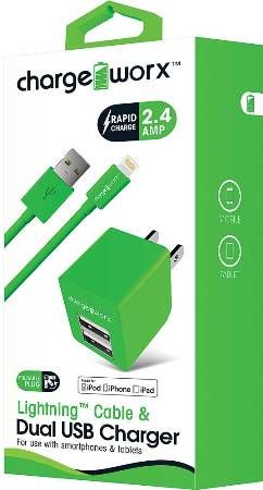 Chargeworx CX3035GN Lightning Sync Cable & 2.4A Dual USB Wall Chargers, Green; For iPhone 5/5S/5C, 6/6 Plus and iPod; Charge & sync cable; 3.3ft / 1m cord length; USB wall charger (110/240V); 2 USB ports; Foldable Plug; Total Output 5V - 2.4Amp; UPC 643620303535 (CX-3035GN CX 3035GN CX3035G CX3035)