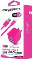 Chargeworx CX3035PK Lightning Sync Cable & 2.4A Dual USB Wall Chargers, Pink; For iPhone 5/5S/5C, 6/6 Plus and iPod; Charge & sync cable; 3.3ft / 1m cord length; USB wall charger (110/240V); 2 USB ports; Foldable Plug; Total Output 5V - 2.4Amp; UPC 643620303542 (CX-3035PK CX 3035PK CX3035P CX3035) 