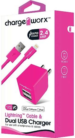 Chargeworx CX3035PK Lightning Sync Cable & 2.4A Dual USB Wall Chargers, Pink; For iPhone 5/5S/5C, 6/6 Plus and iPod; Charge & sync cable; 3.3ft / 1m cord length; USB wall charger (110/240V); 2 USB ports; Foldable Plug; Total Output 5V - 2.4Amp; UPC 643620303542 (CX-3035PK CX 3035PK CX3035P CX3035)